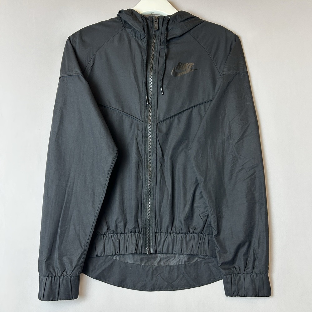 Nike Jacket Womens Small Black Rain Windbreaker Full Zip‎ Hood Drawstring